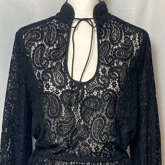 H&M Mock Neck Lace Dress Oversized Tie Neck Tie Waist Tie Cuff Rom Com Dress - Picture 3 of 10